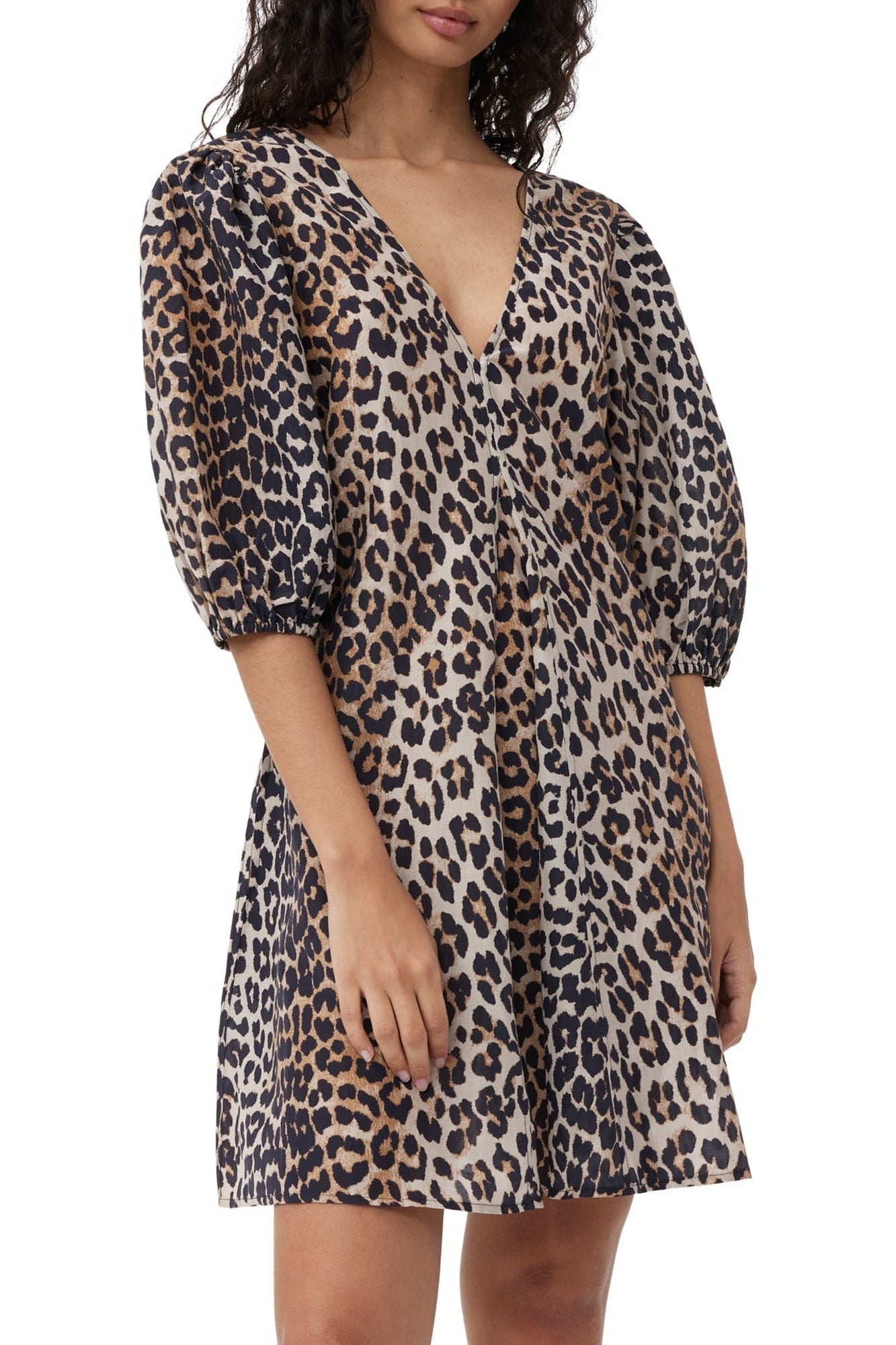 Robe courte à col V en soie mélangé - Leopard