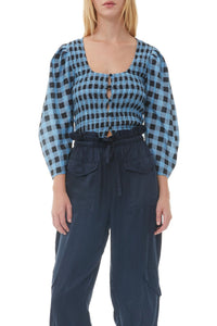 Silk blend check blouse - Alaskan Blue