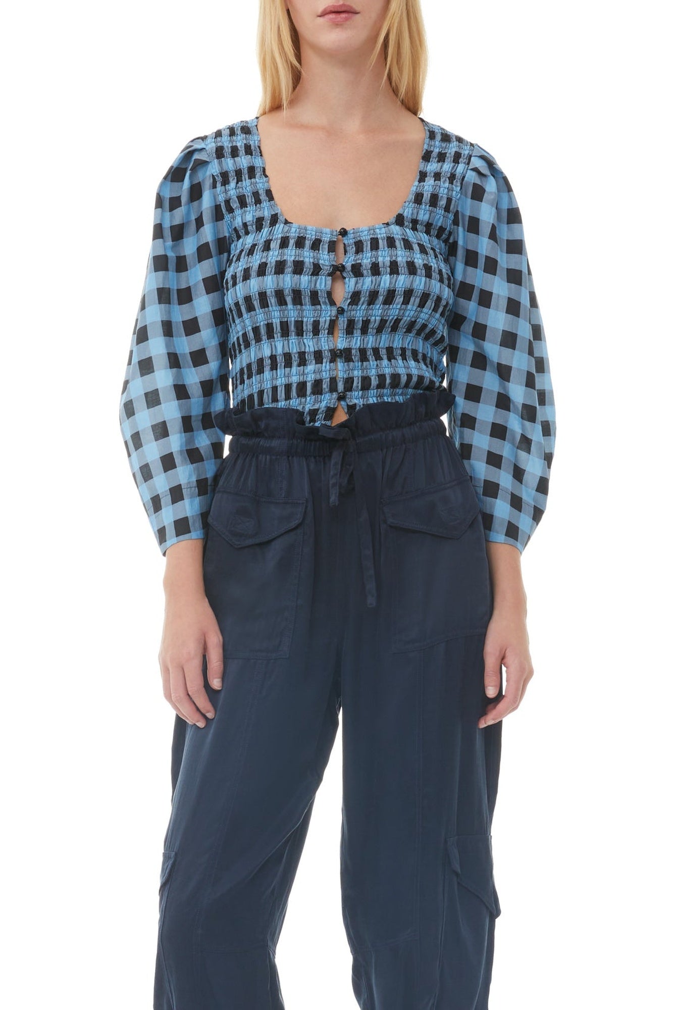Silk blend check blouse - Alaskan Blue