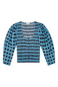 Silk blend check blouse - Alaskan Blue