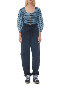 Silk blend check blouse - Alaskan Blue