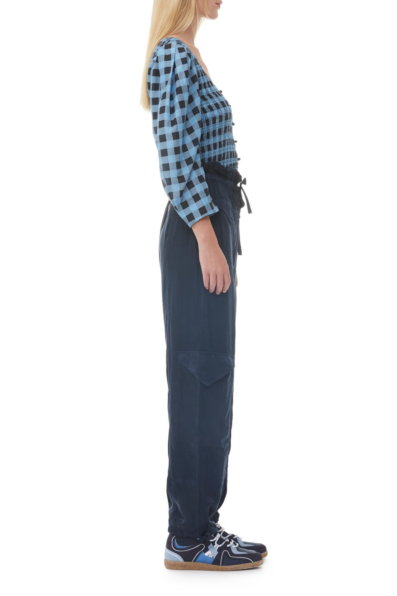 Silk blend check blouse - Alaskan Blue