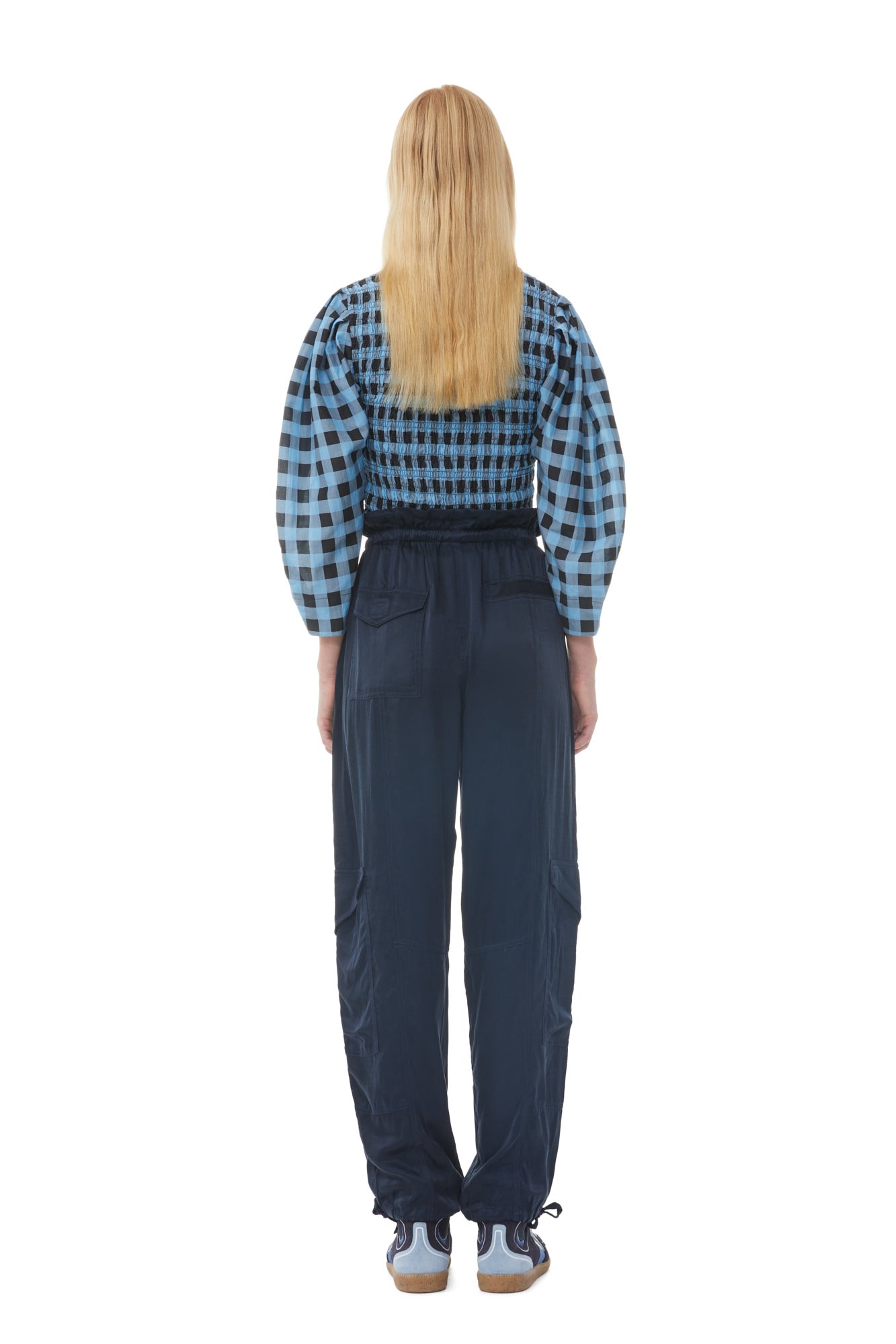 Silk blend check blouse - Alaskan Blue