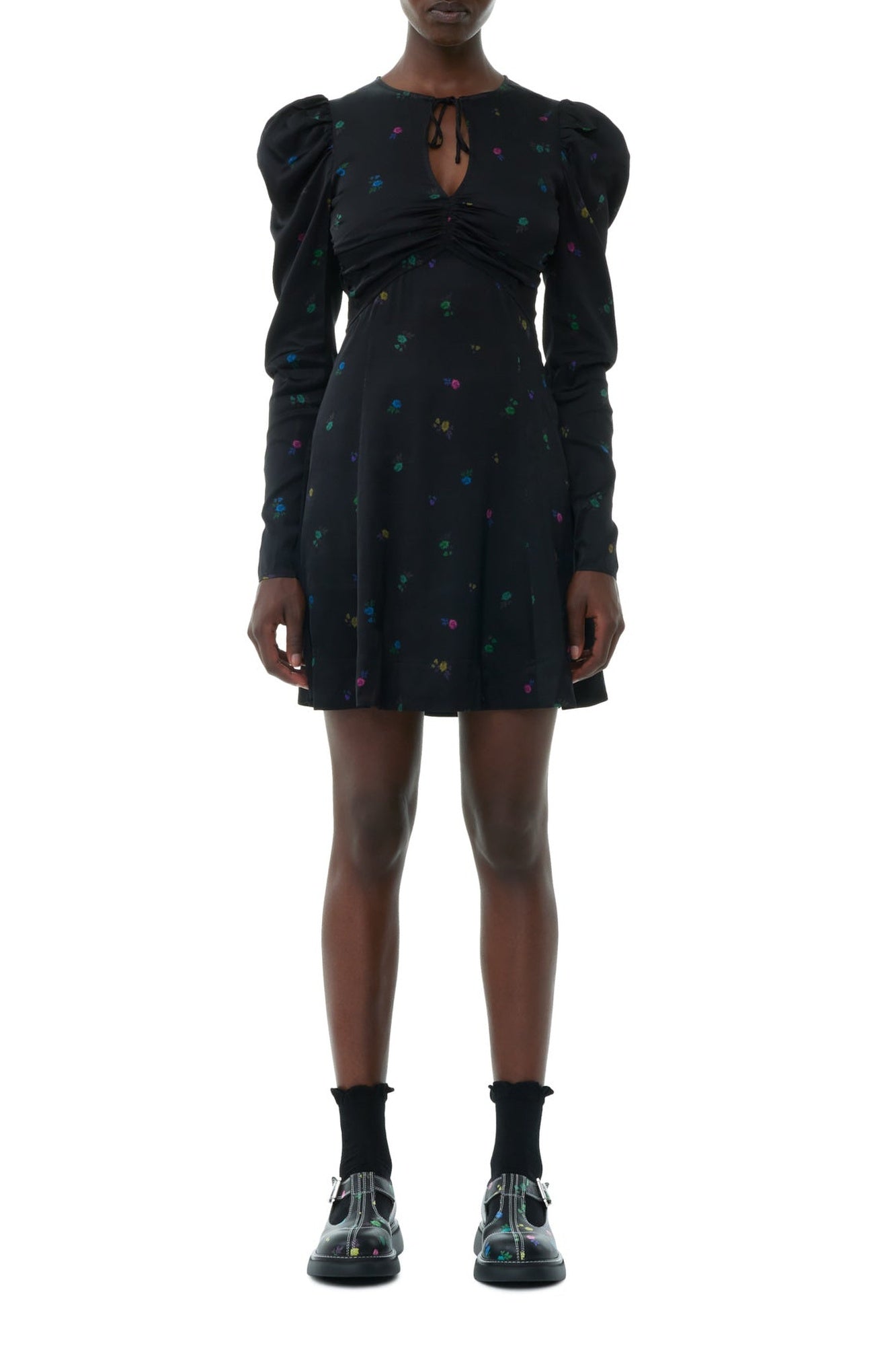 Short satin print dress - Black