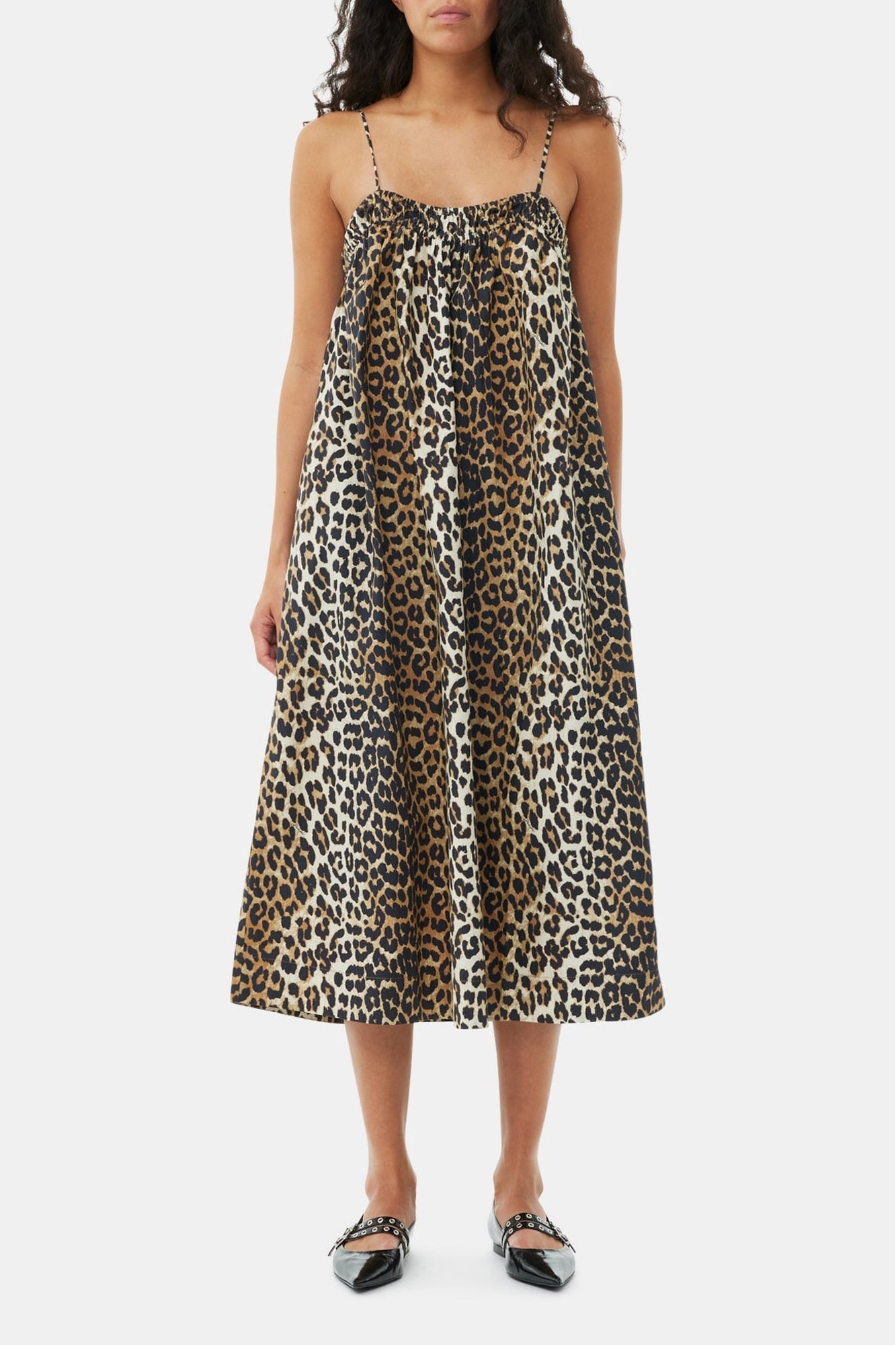 Robe mi longue à bretelles en coton imprimé - Leopard
