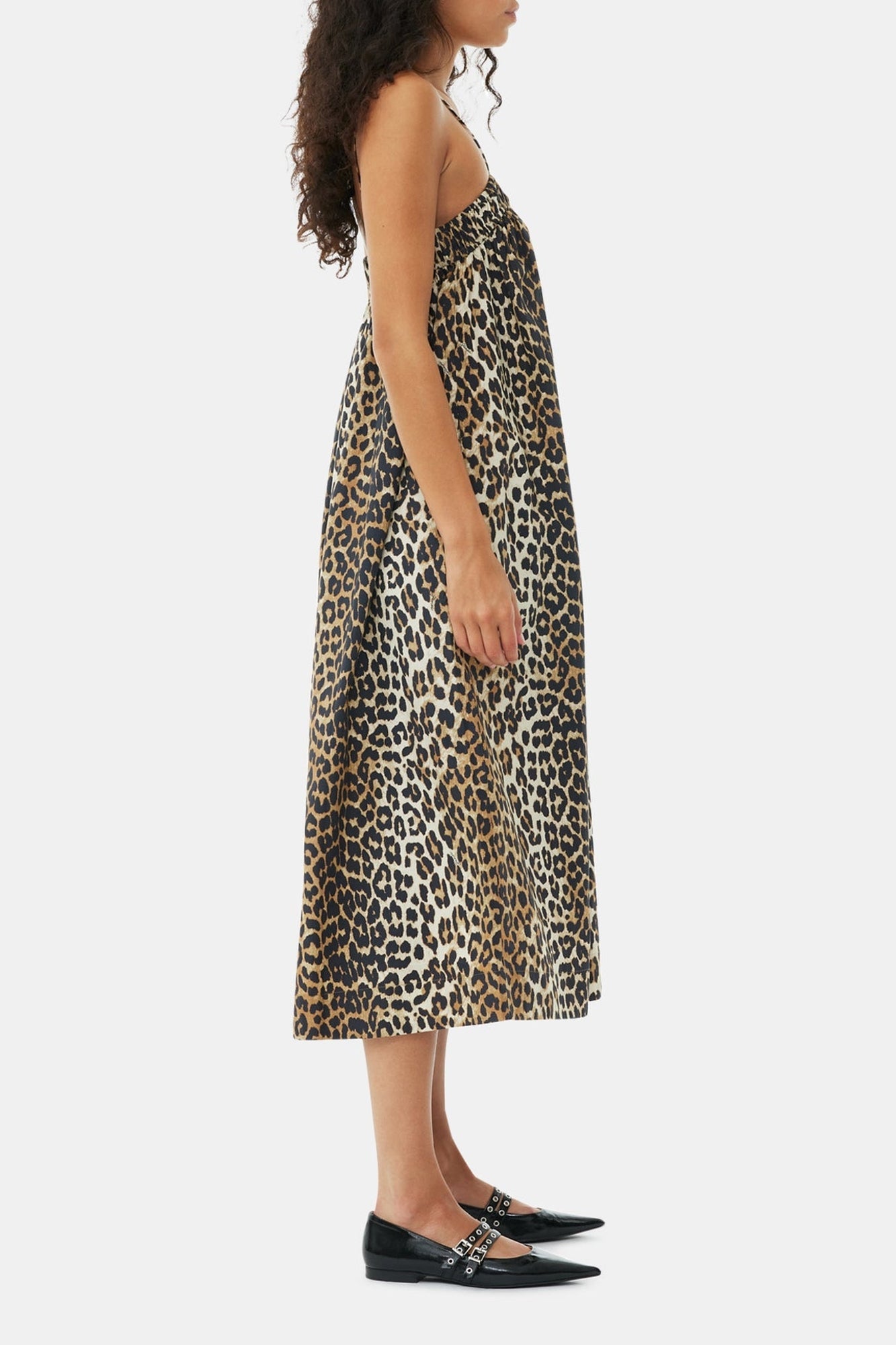 Robe mi longue à bretelles en coton imprimé - Leopard
