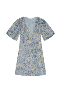 Floral print double-breasted short dress - Dusty Blue