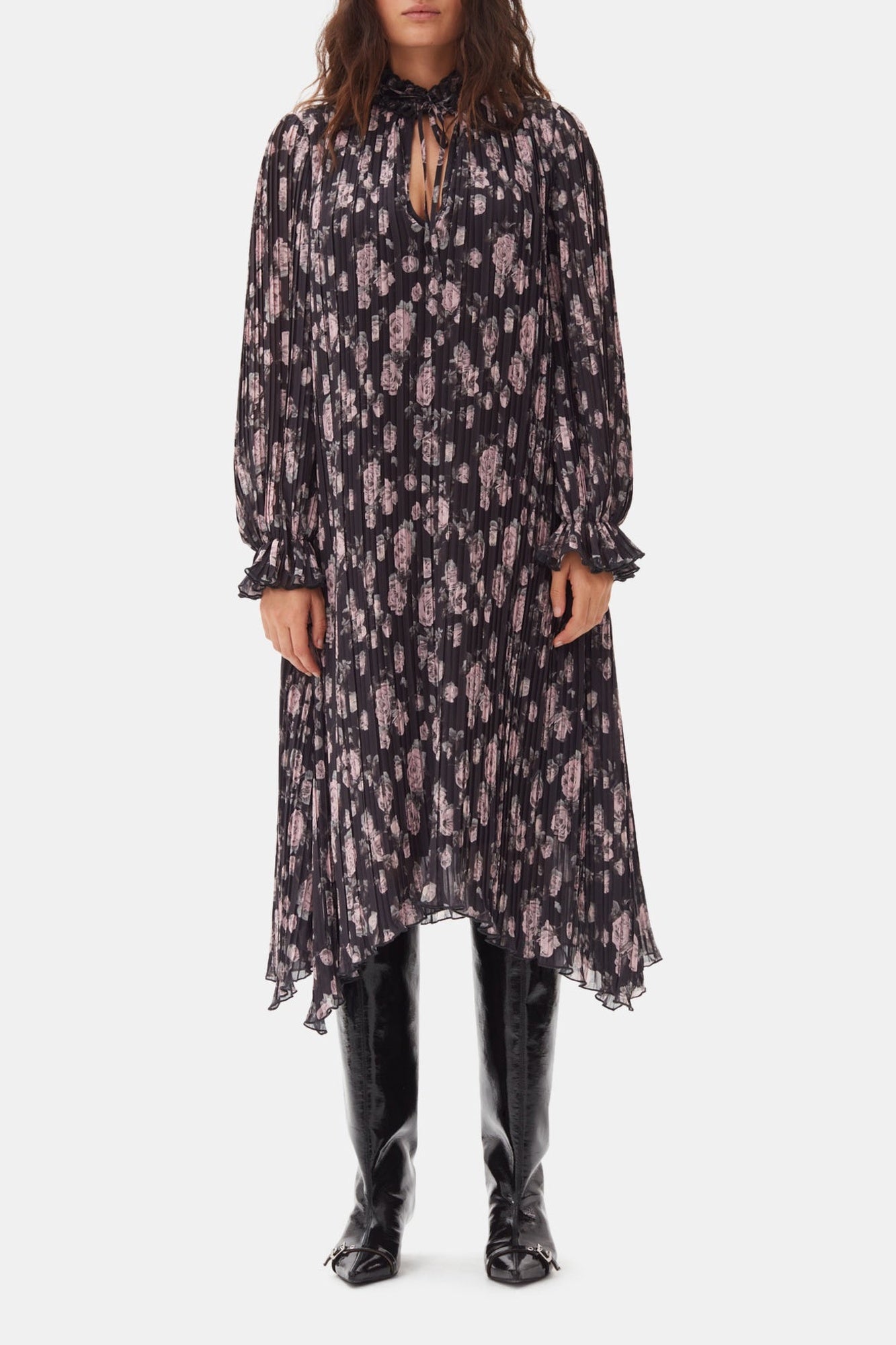 Robe midi plissée en georgette imprimée florale - Phantom