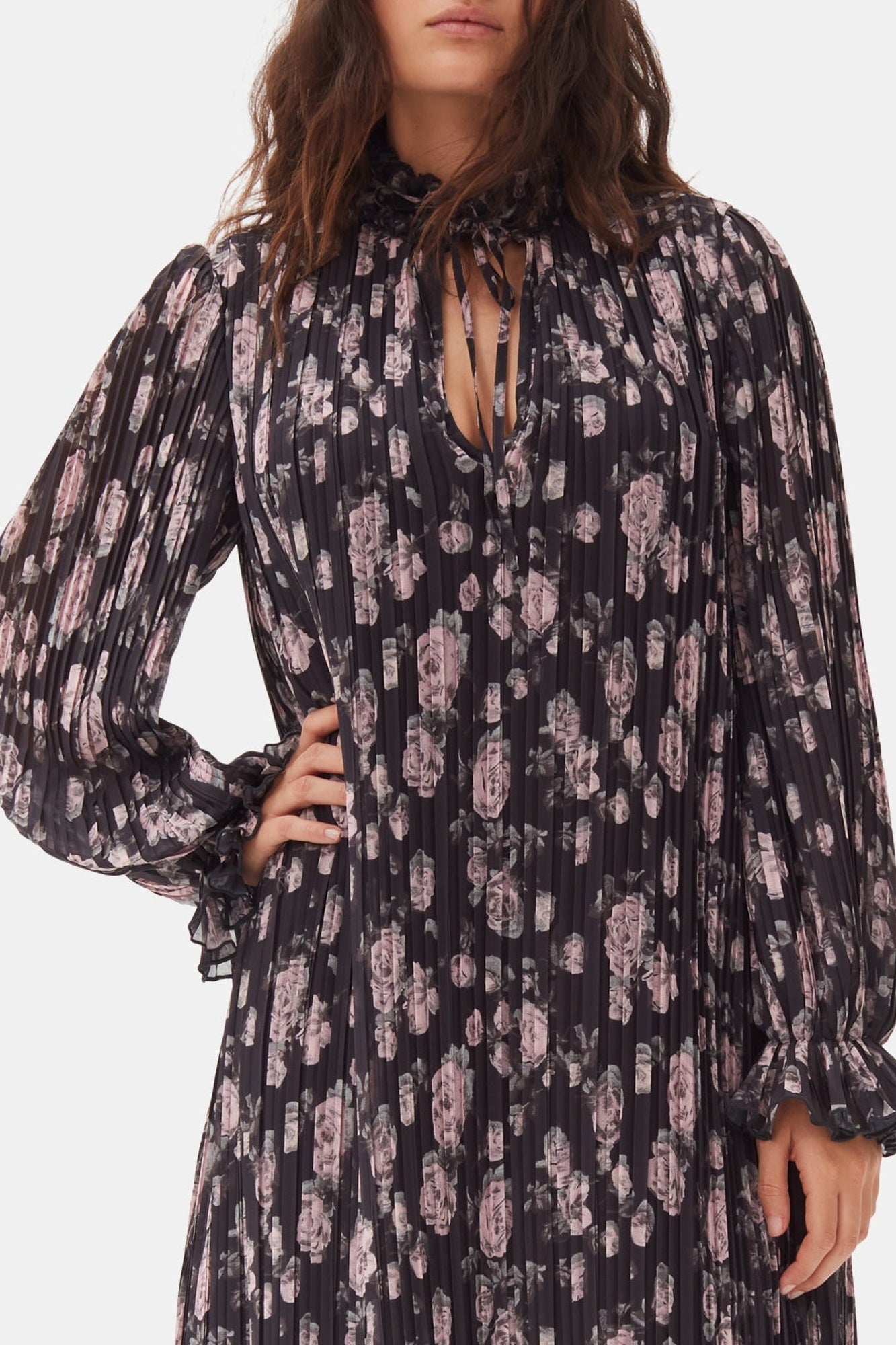 Robe midi plissée en georgette imprimée florale - Phantom