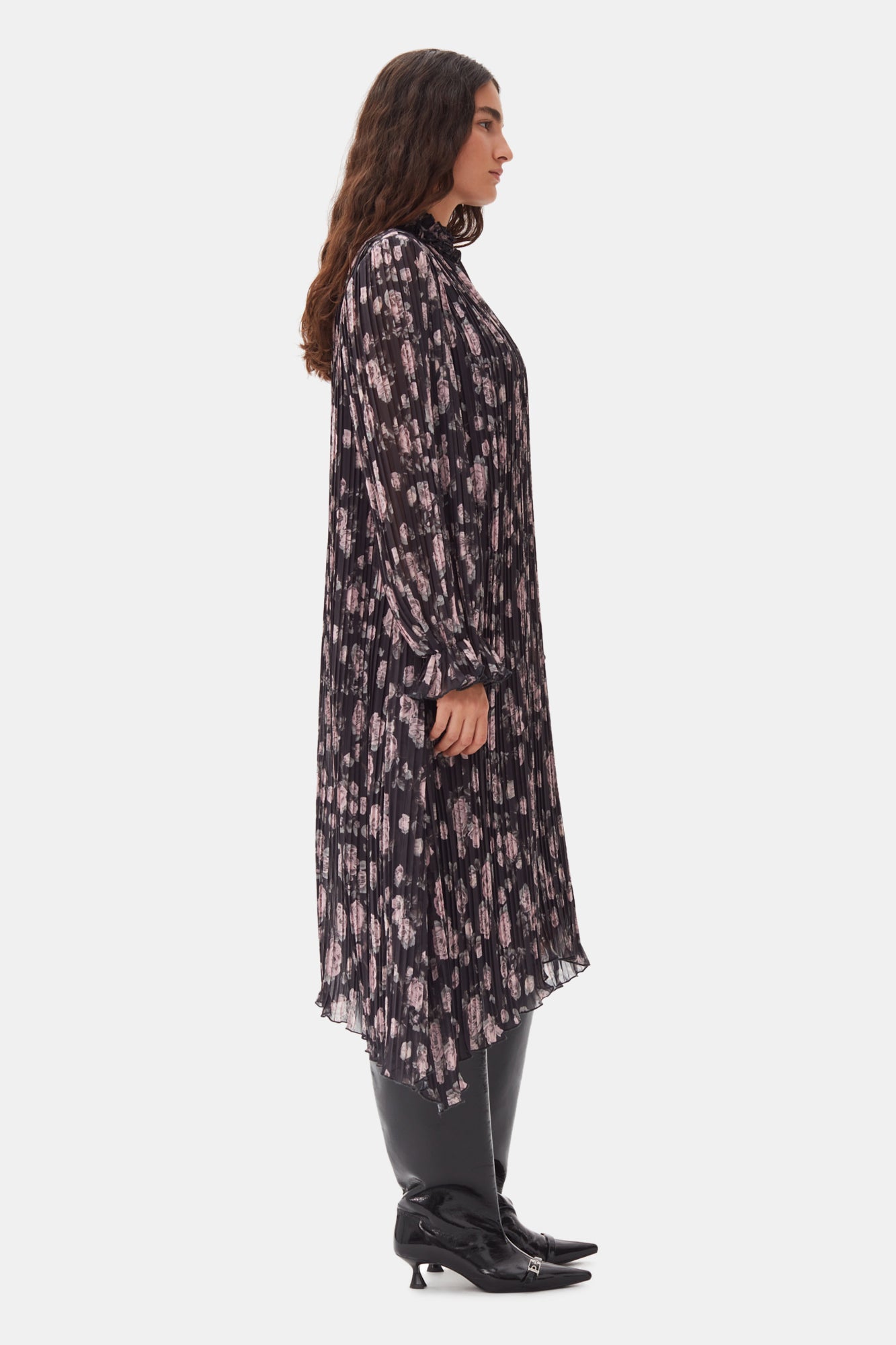 Robe midi plissée en georgette imprimée florale - Phantom