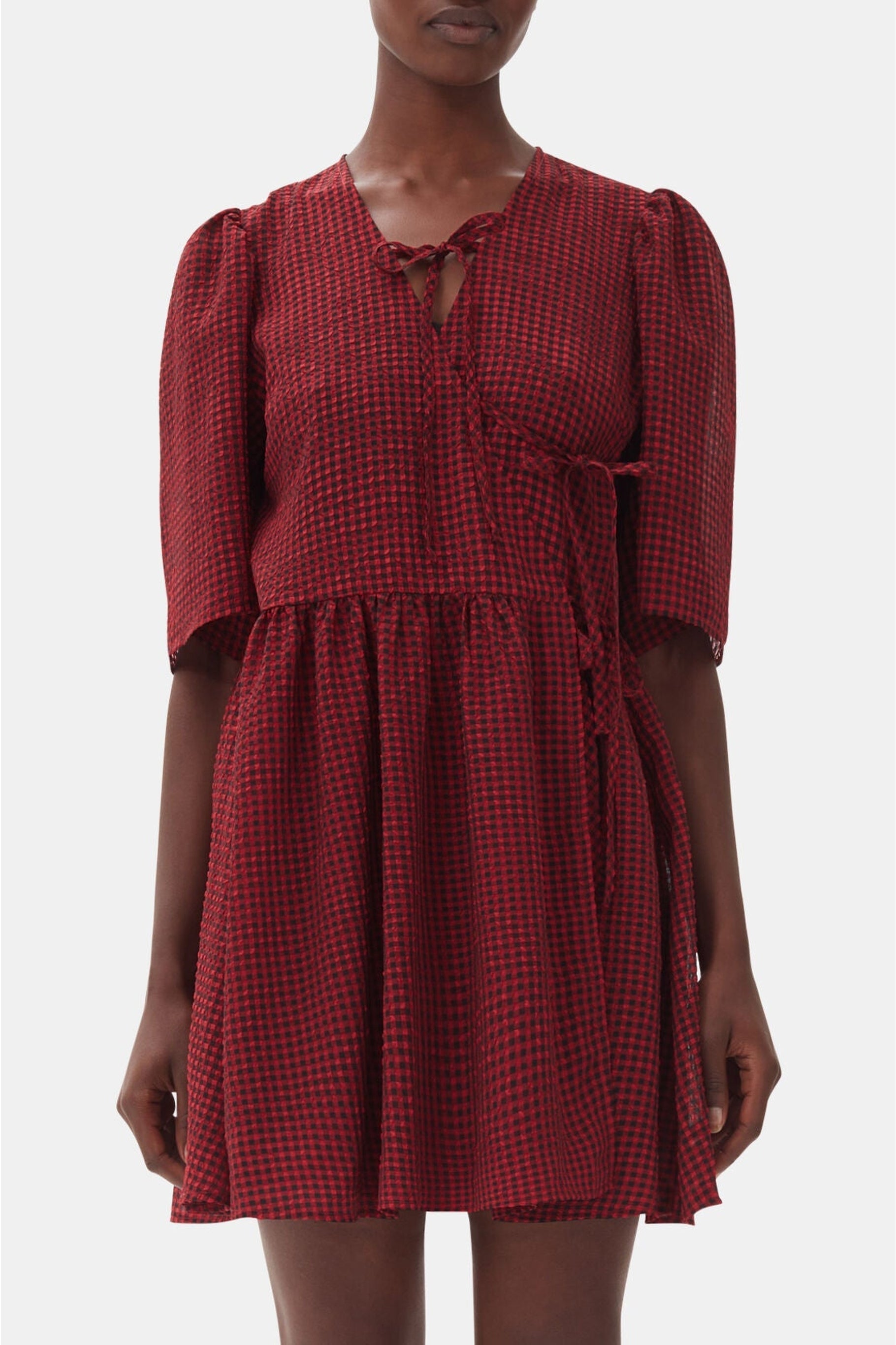 Short double-breasted dress with knotted details - Winery