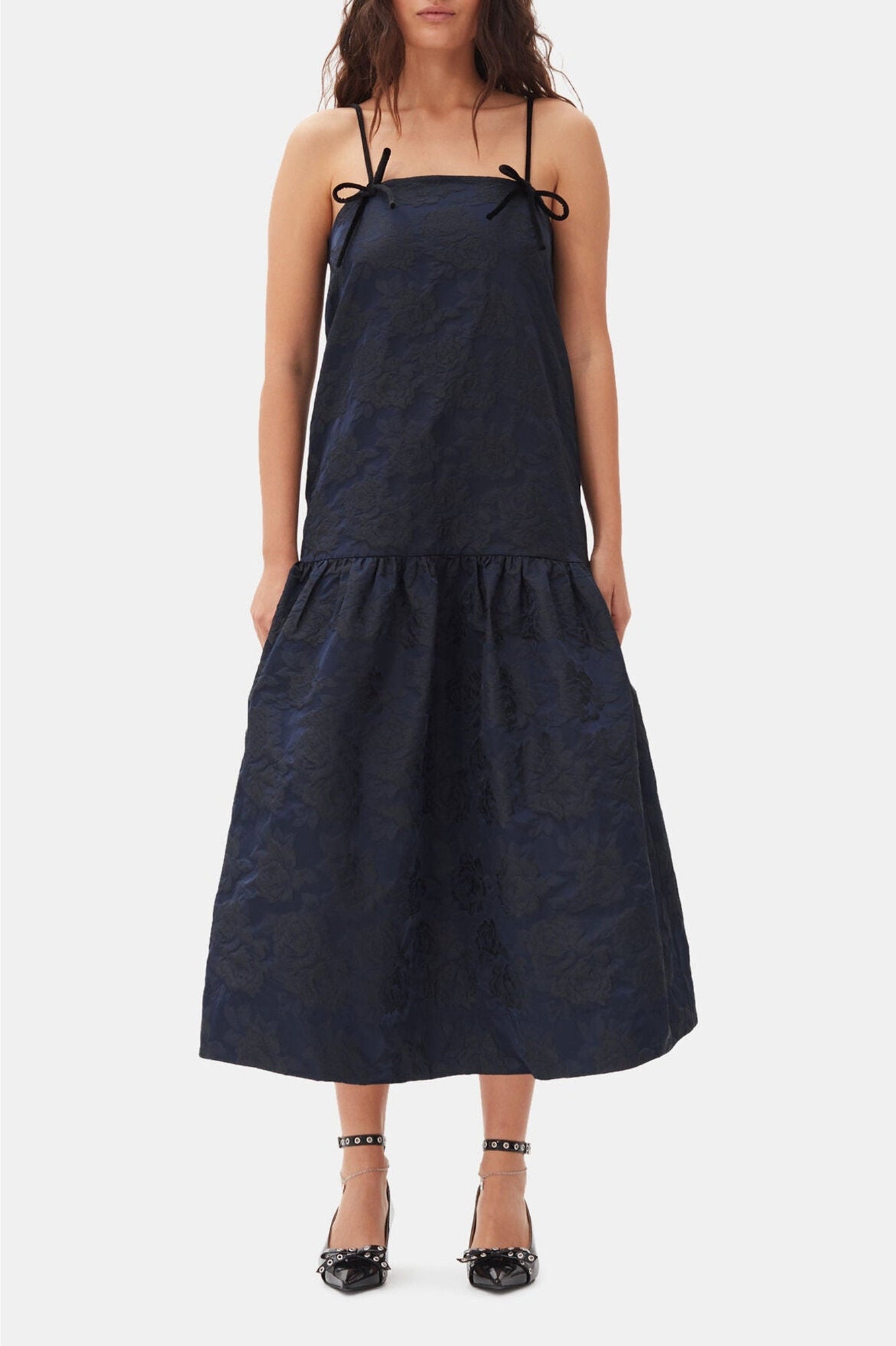 Mid-length dress with thin knotted straps - Peacoat