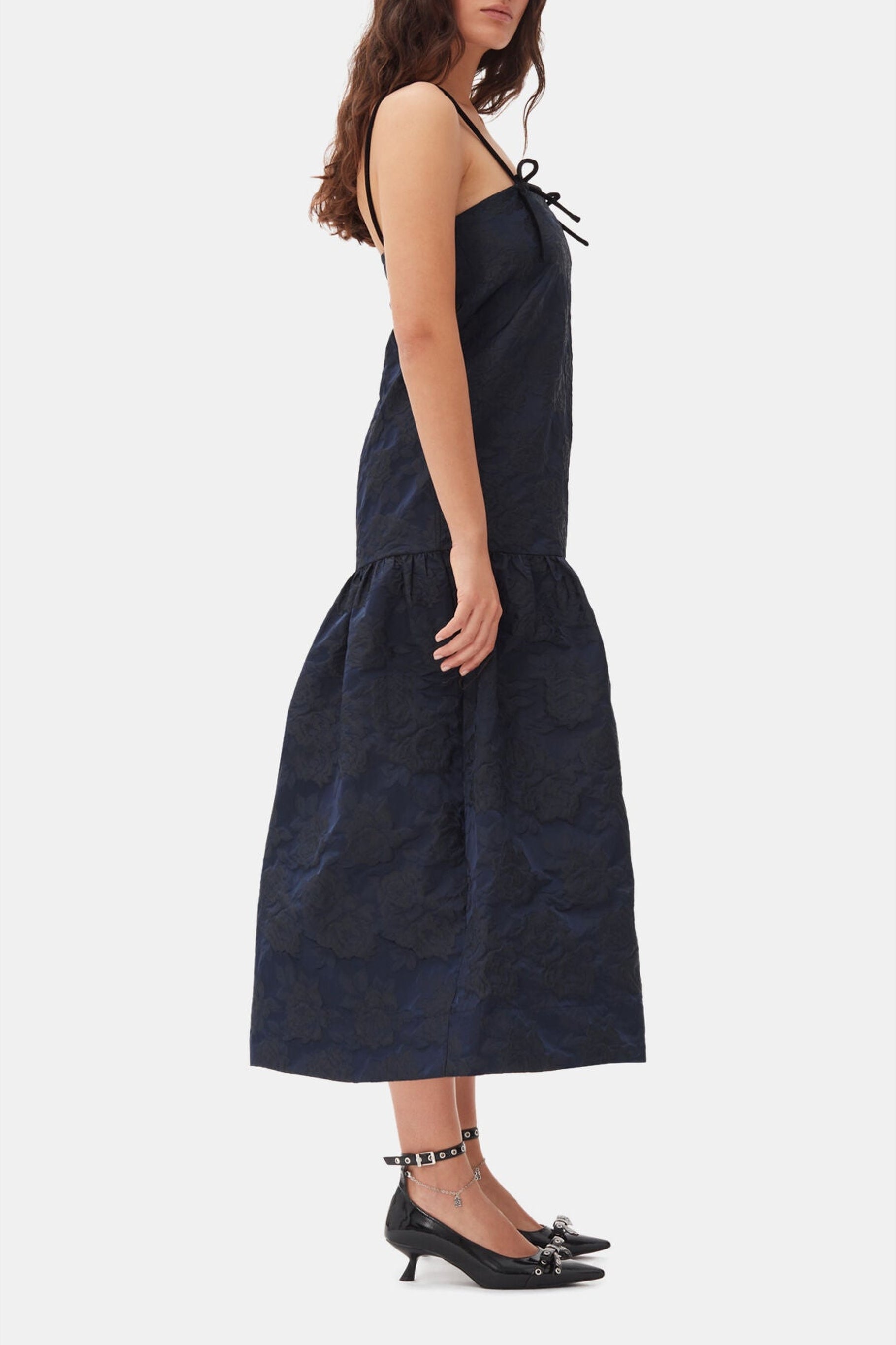 Mid-length dress with thin knotted straps - Peacoat