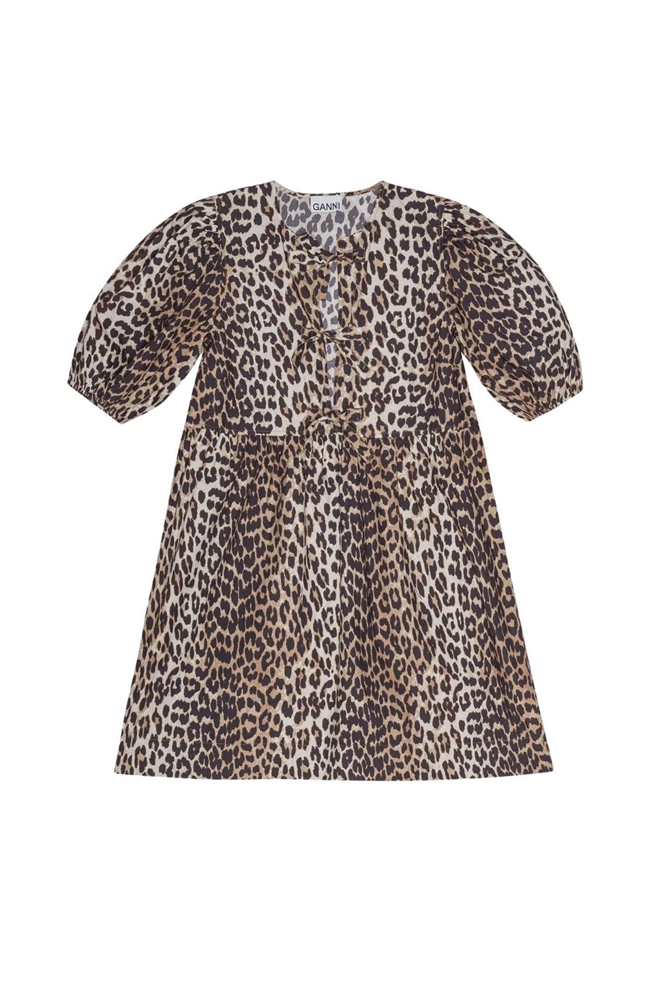 Robe courte avec lacets à nouer animal en coton imprimé - Leopard