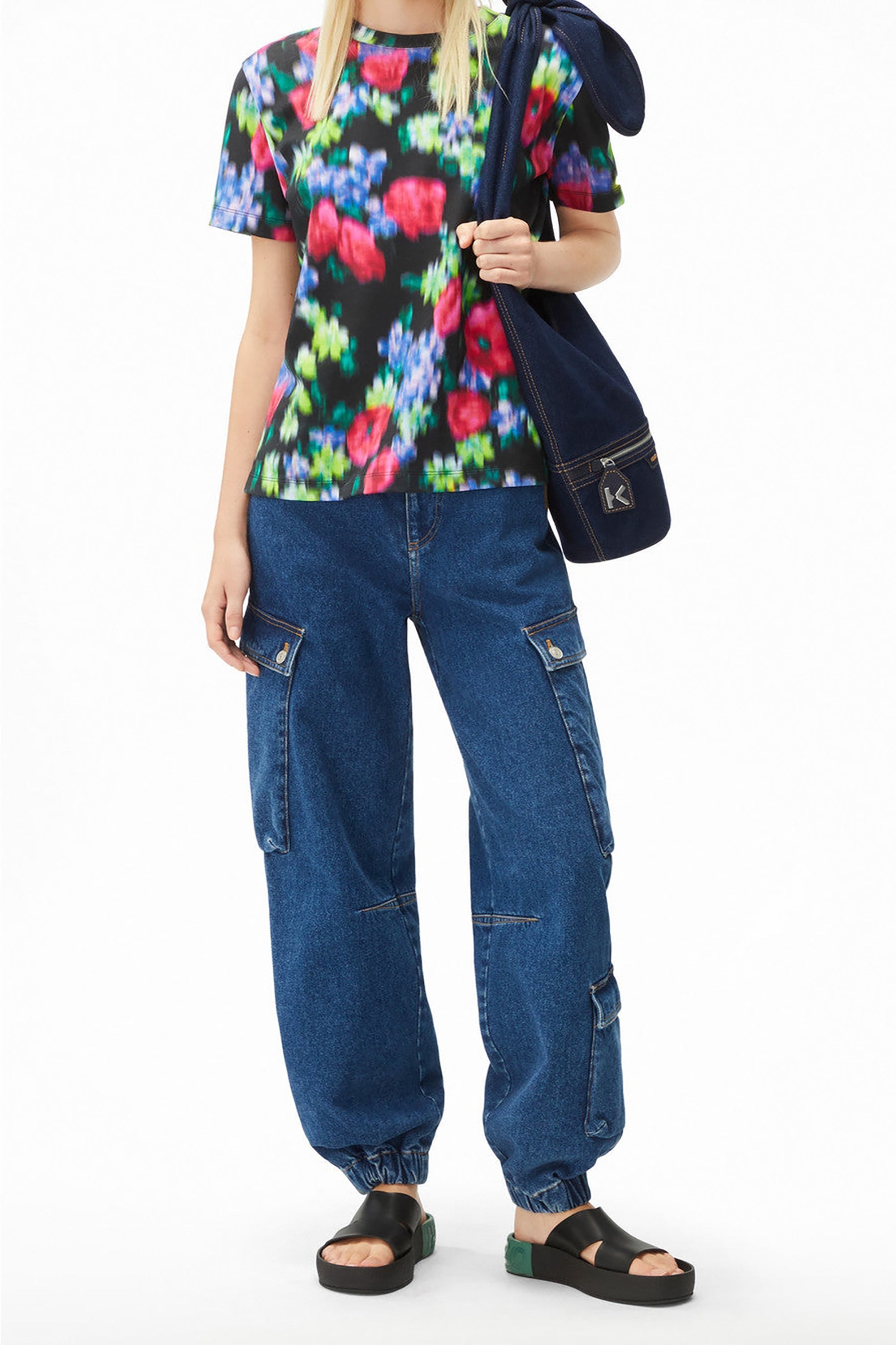 T-shirt loose Blurred Flowers - Black