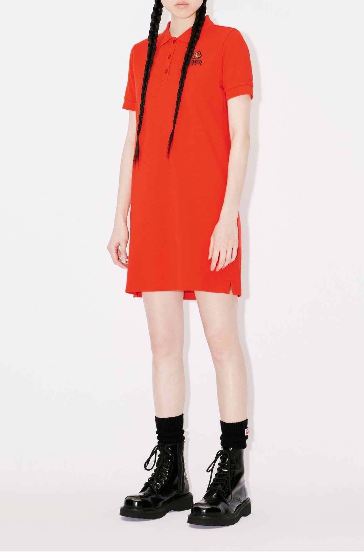 Boke Flower embroidered polo dress - Medium Red