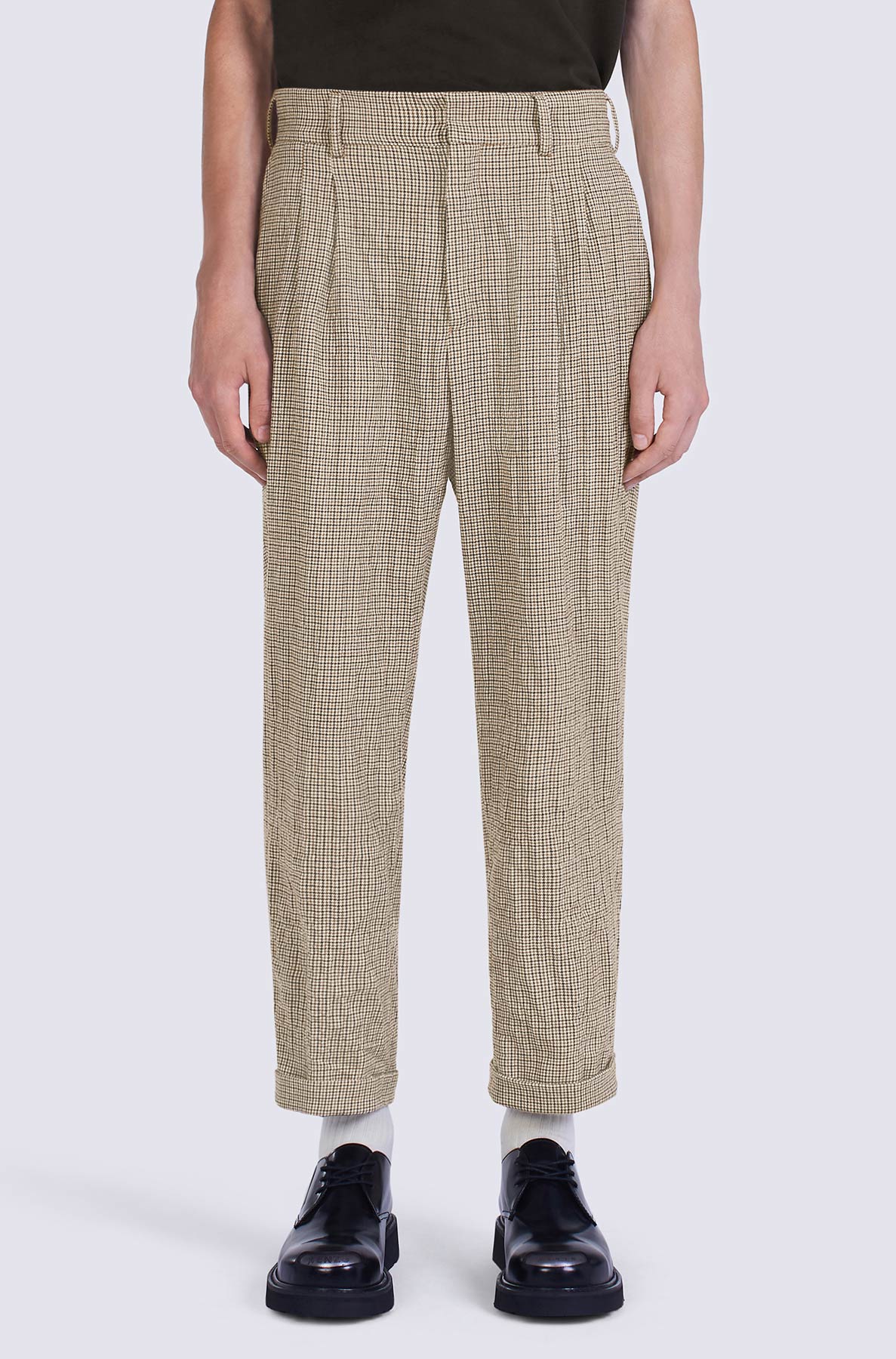 Pantalon de tailleur plissé à carreaux en laine - Dark Camel