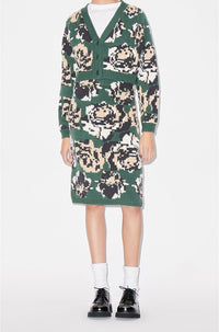 Cardigan court Pixel Flowers en laine - Khaki