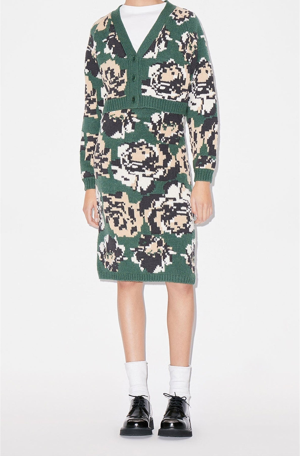 Cardigan court Pixel Flowers en laine - Khaki