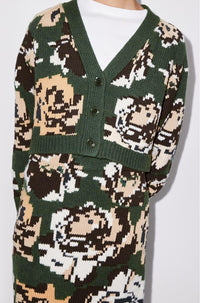 Cardigan court Pixel Flowers en laine - Khaki