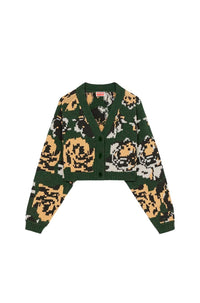 Cardigan court Pixel Flowers en laine - Khaki