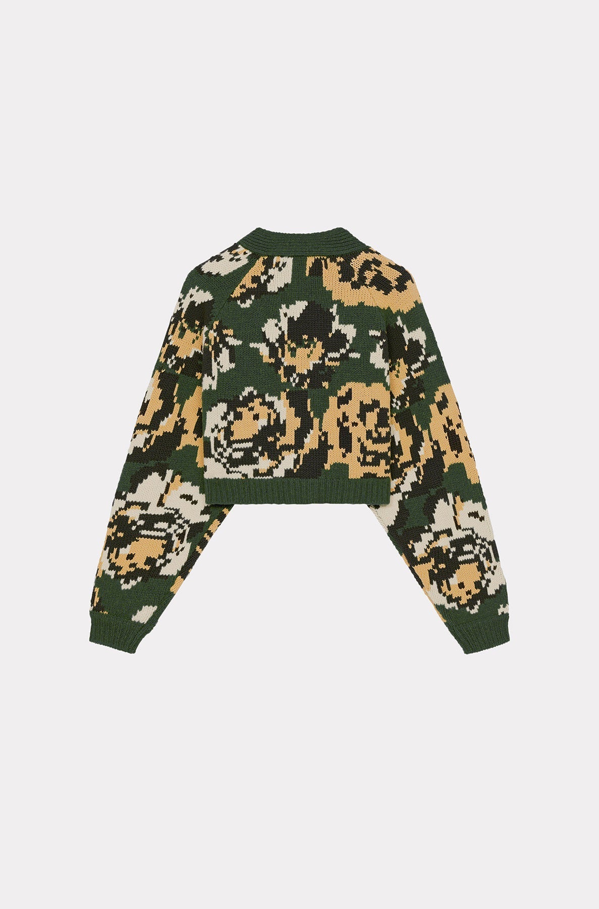 Cardigan court Pixel Flowers en laine - Khaki
