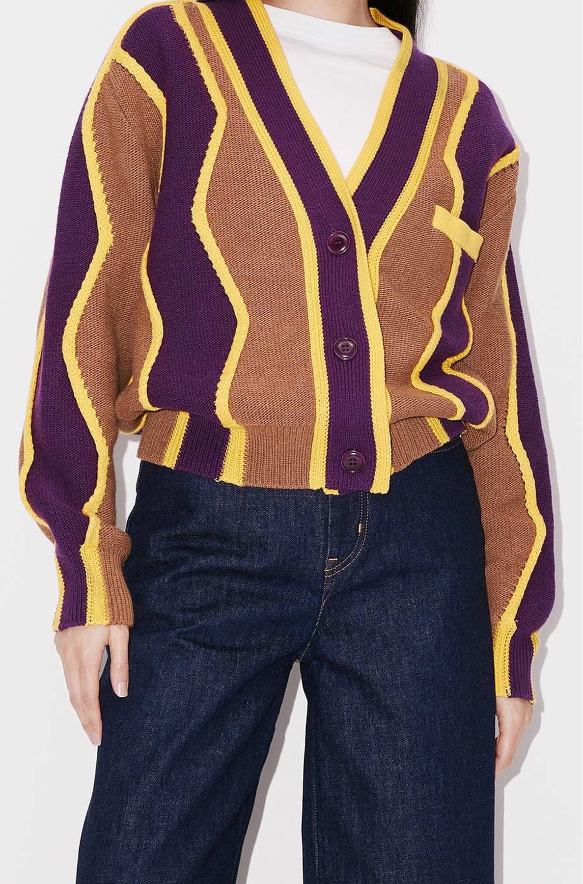 Cardigan boxy à rayures ondulées en laine - Purple