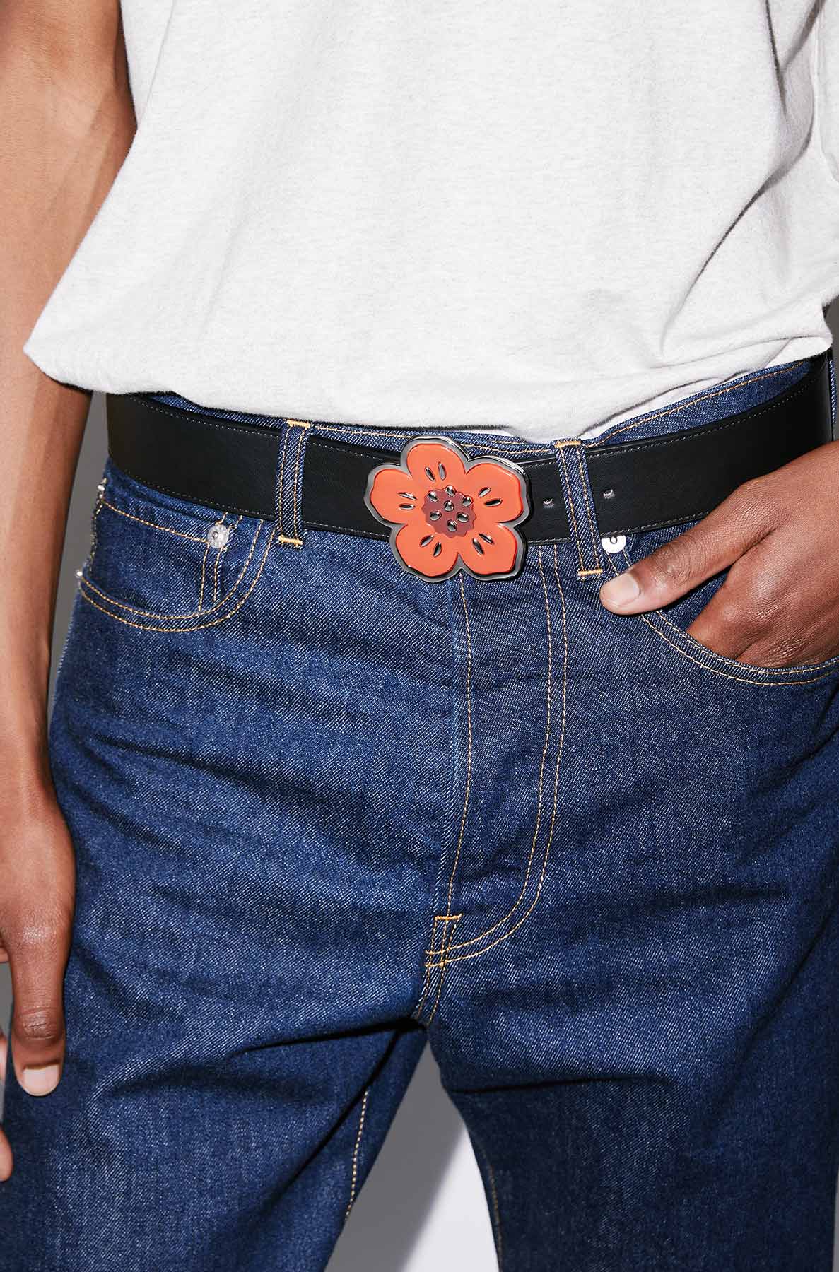 Ceinture large réversible "Boke Flower" en cuir - Black