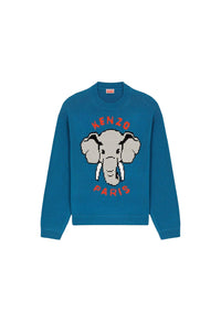 Pull brodé "Kenzo Éléphant" en laine - Cyan