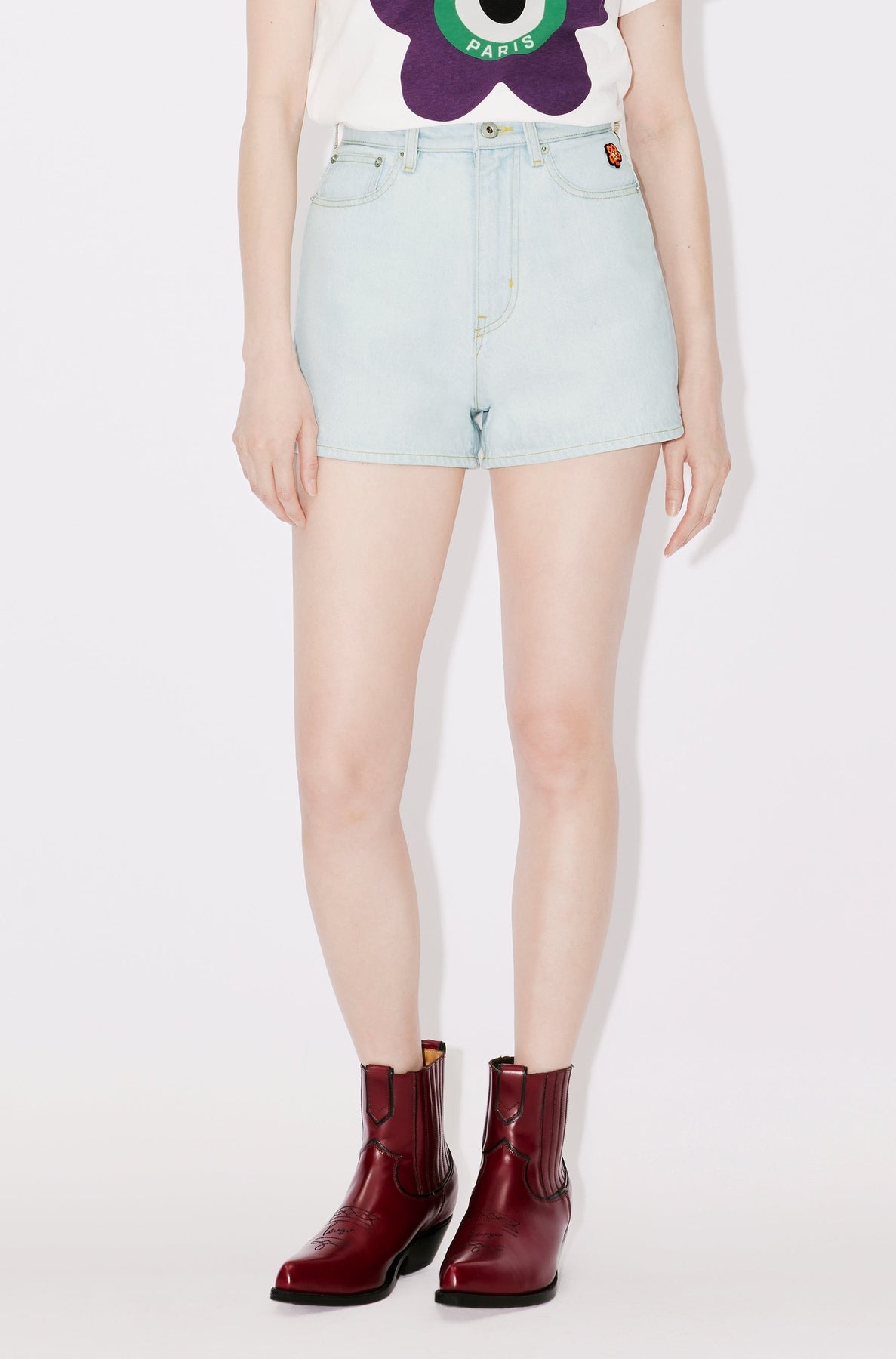 Short en denim brodé - Bleached Blue Denim