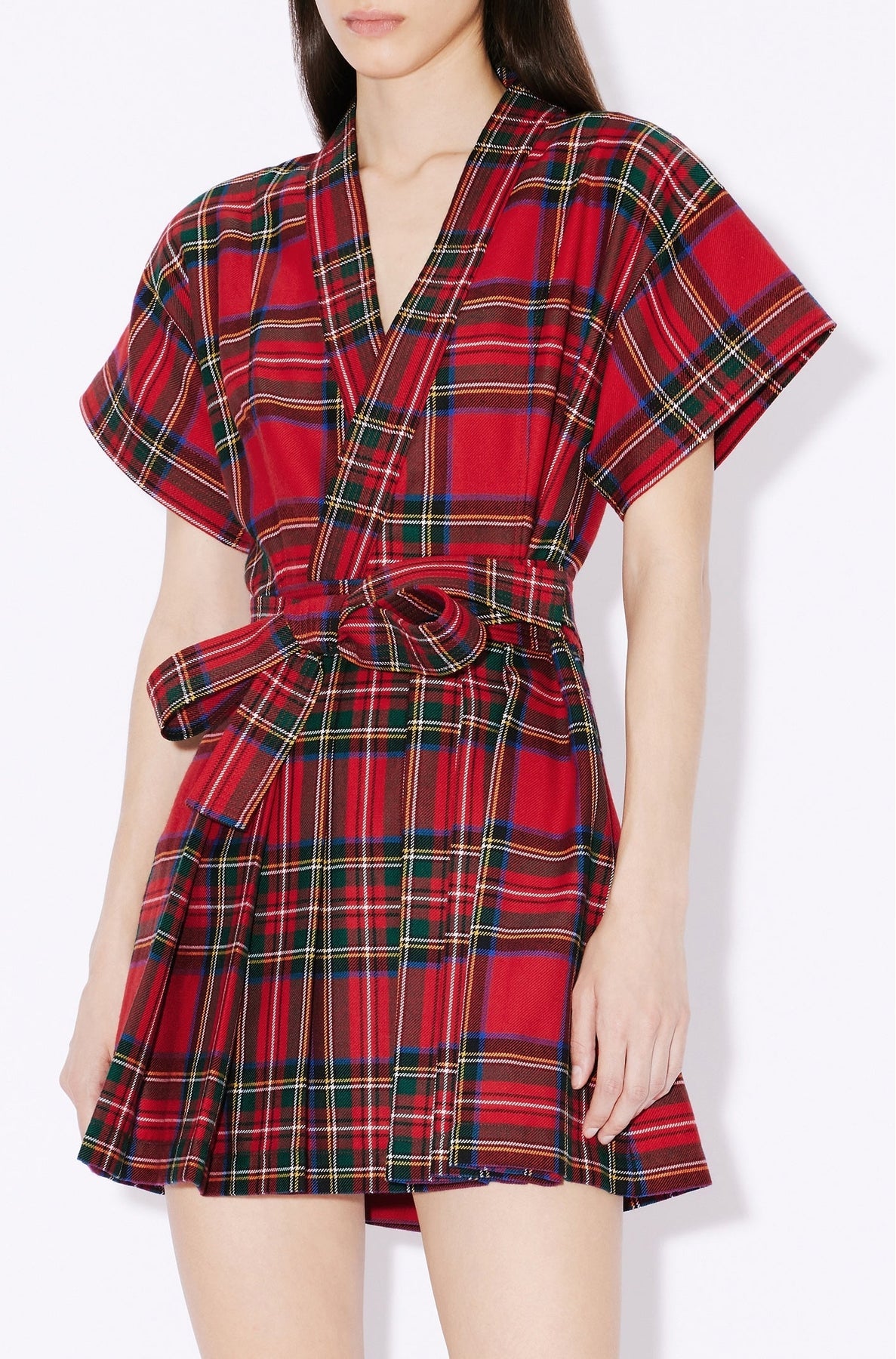 Robe courte kimono à carreaux en laine - Cherry