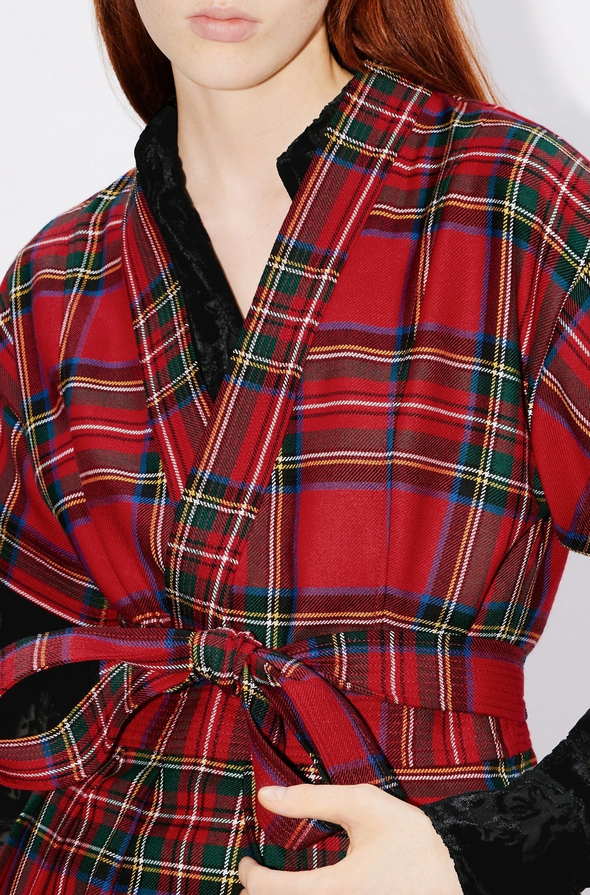 Robe courte kimono à carreaux en laine - Cherry