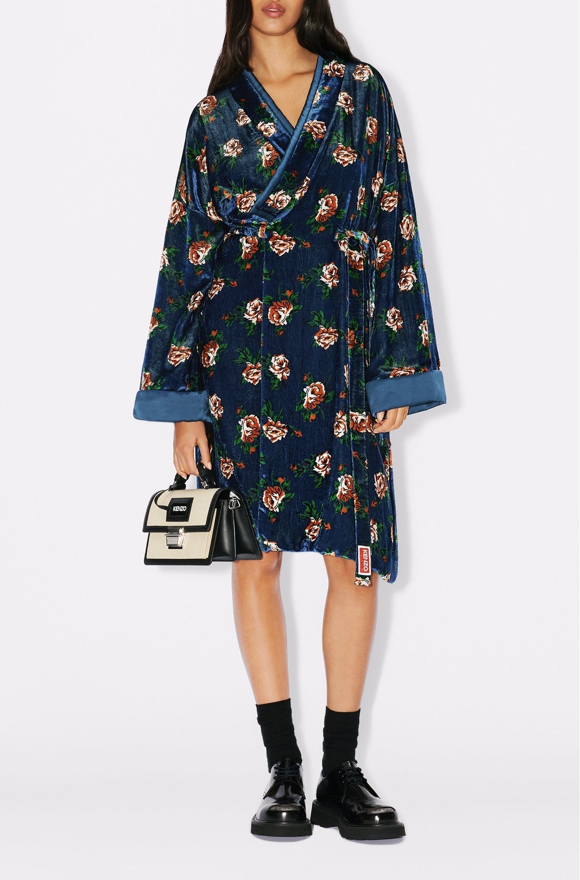 Robe midi kimono  à roses - Duck Blue