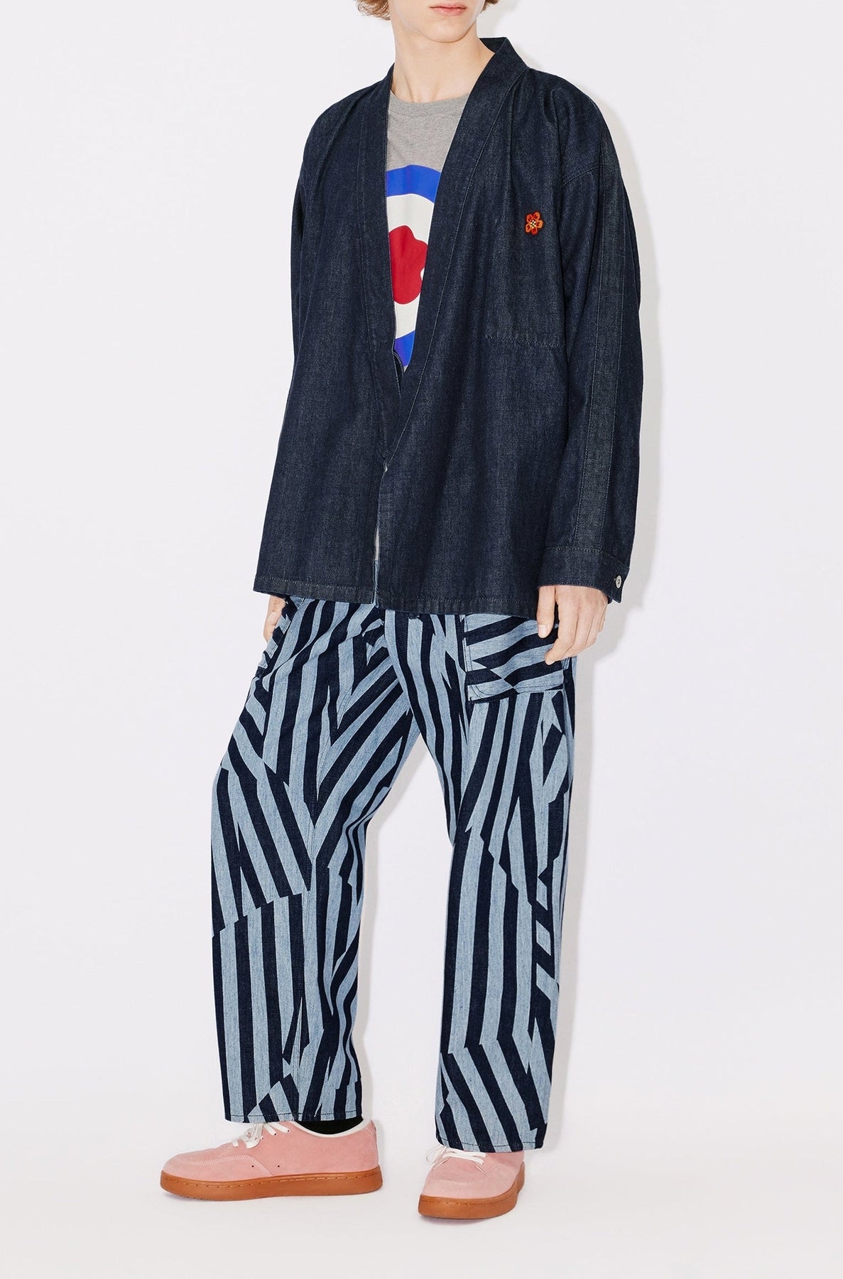 Boke Flower embroidered kimono jacket - Rinse Blue Denim
