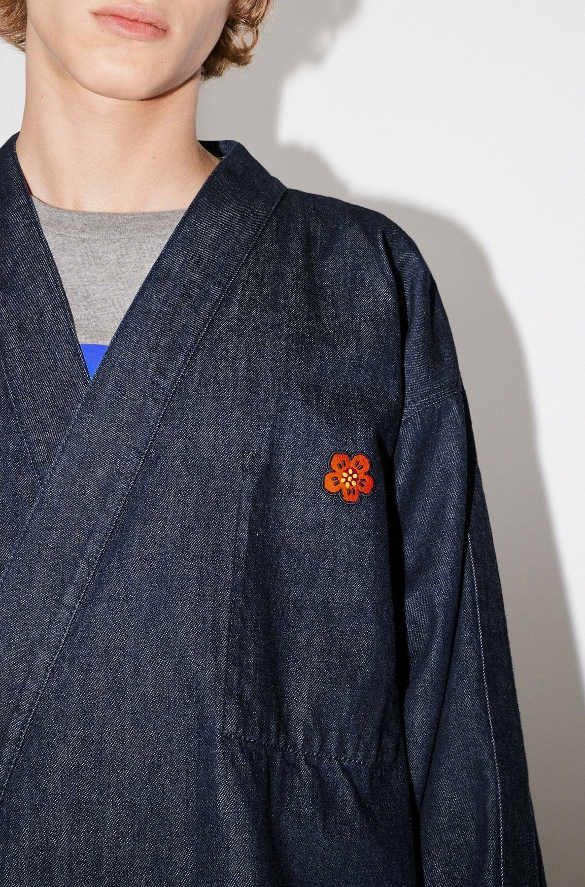Boke Flower embroidered kimono jacket - Rinse Blue Denim