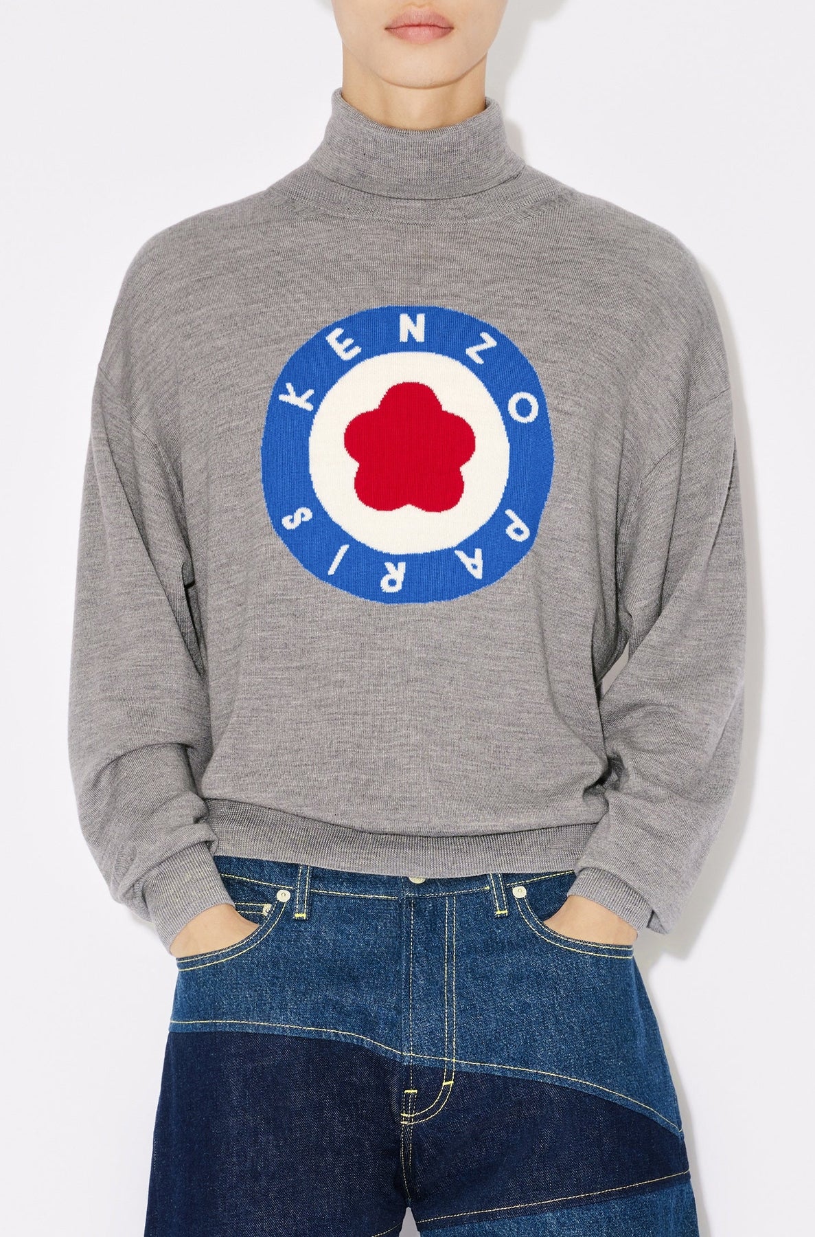 Pull col roulé "Kenzo Target" en laine - Pearl Grey
