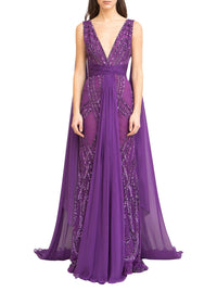 Robe longue à broderie et drapée en soie - Amaranth Purple
