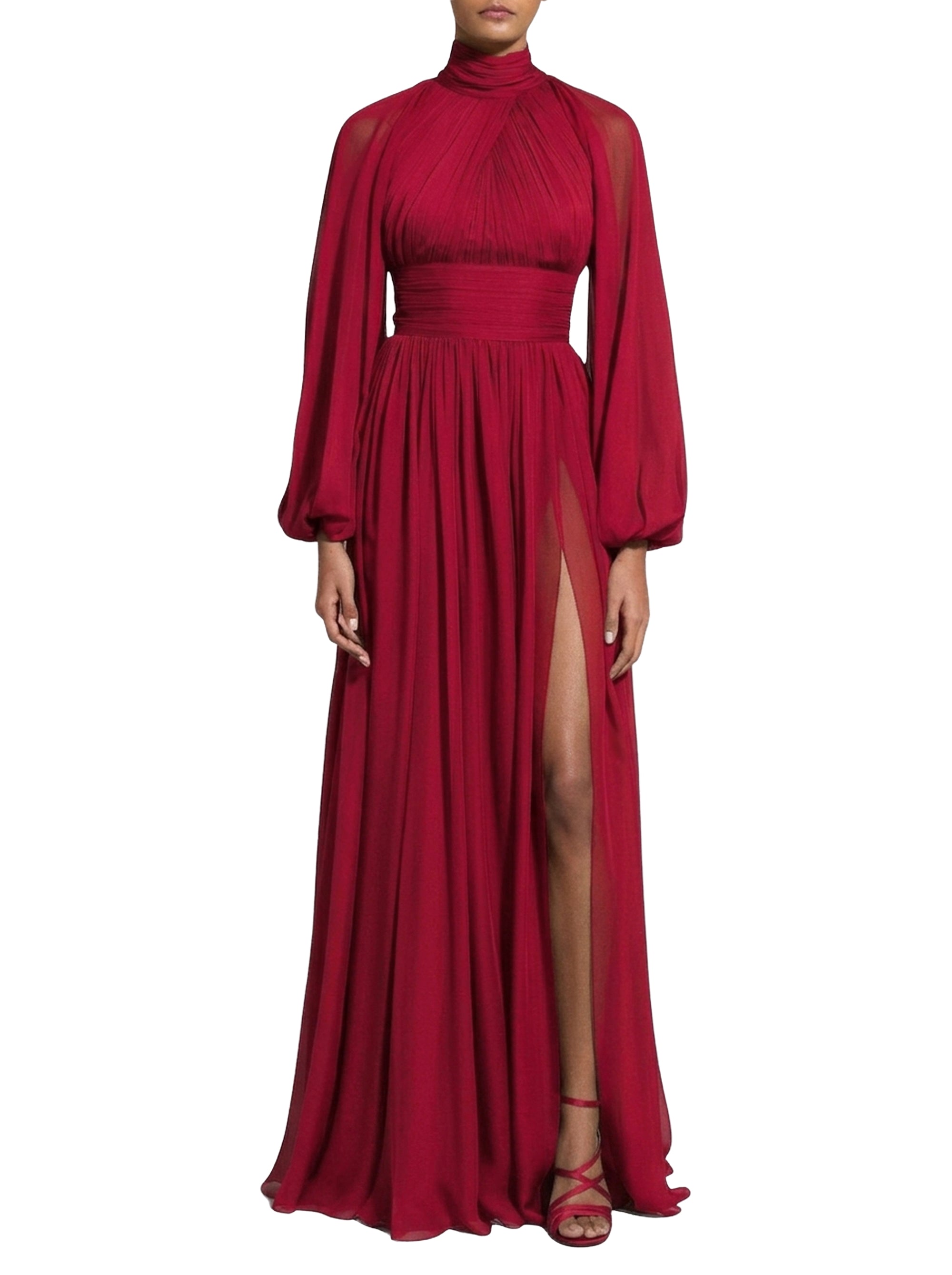 Silk pleated high neck maxi dress - Cabernet
