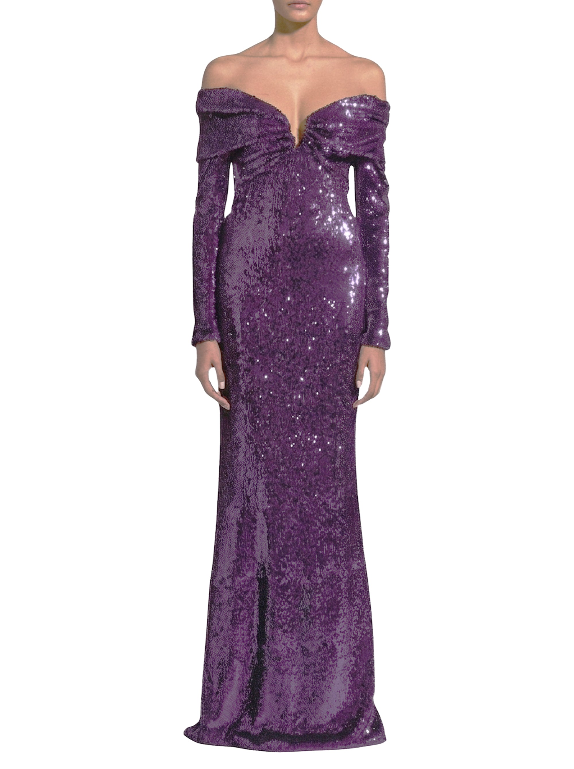 Robe longue bardot froncée à sequins  - Sweet Grape