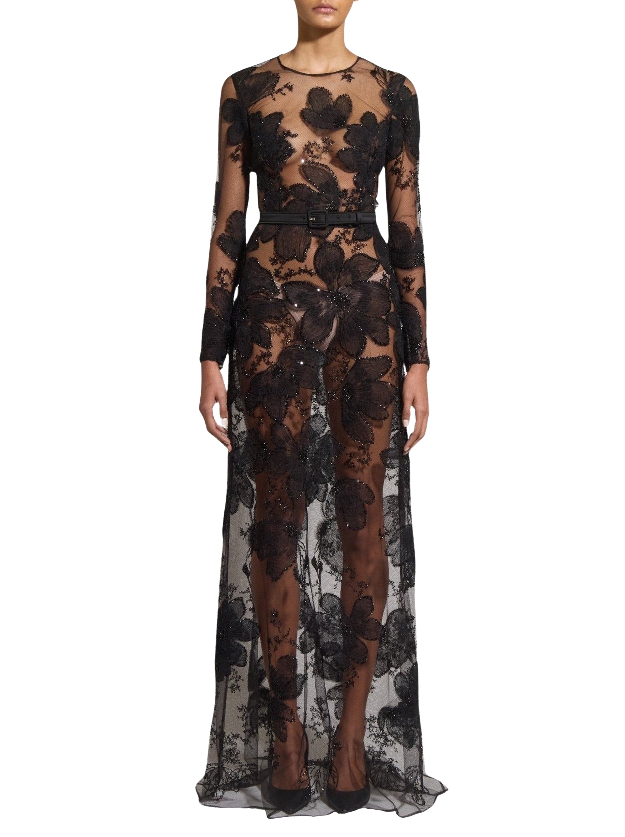 Robe longue à broderies florales en tulle - Raven