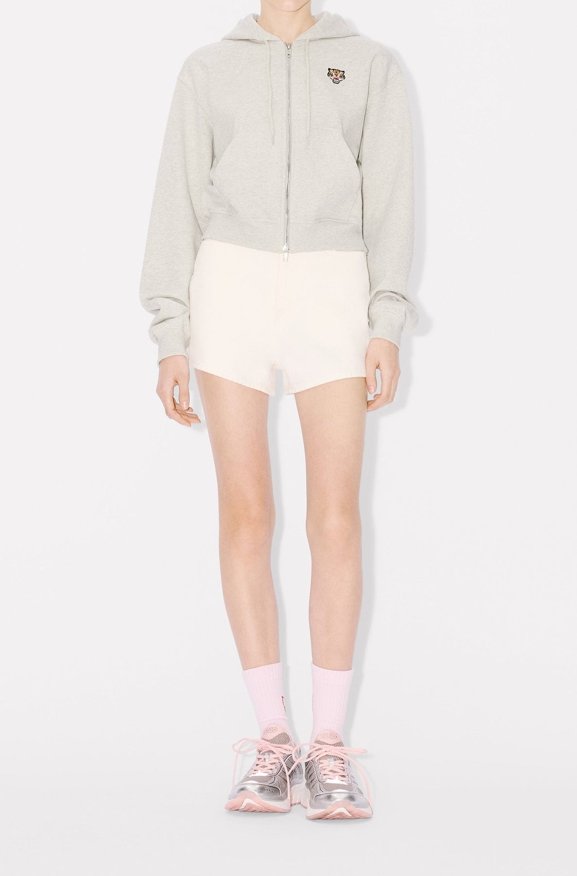 Lucky Tiger embroidered zip-up hoodie - Pale Grey