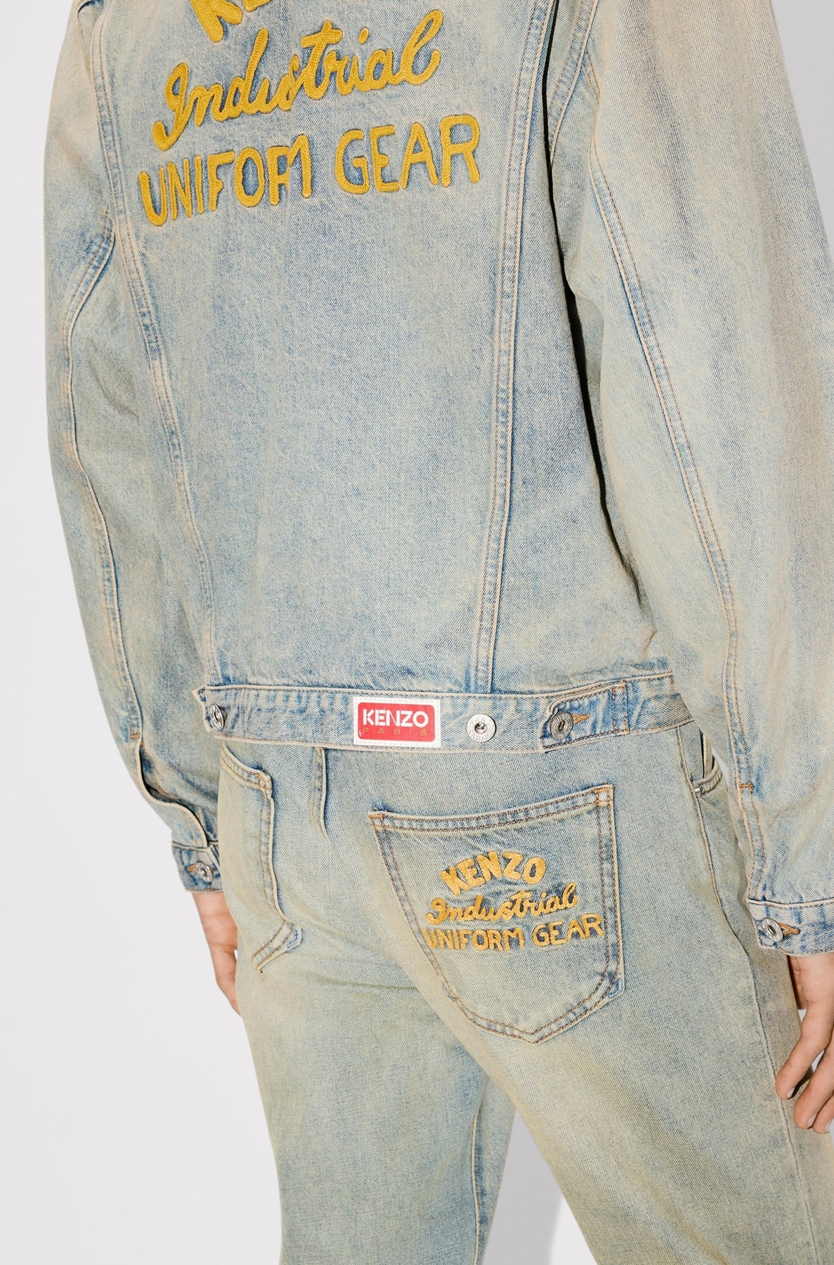 Kenzo Drawn Varsity trucker jacket in Japanese denim - Stone Bl Dirty & Blue Denim