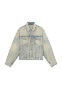 Kenzo Drawn Varsity trucker jacket in Japanese denim - Stone Bl Dirty & Blue Denim