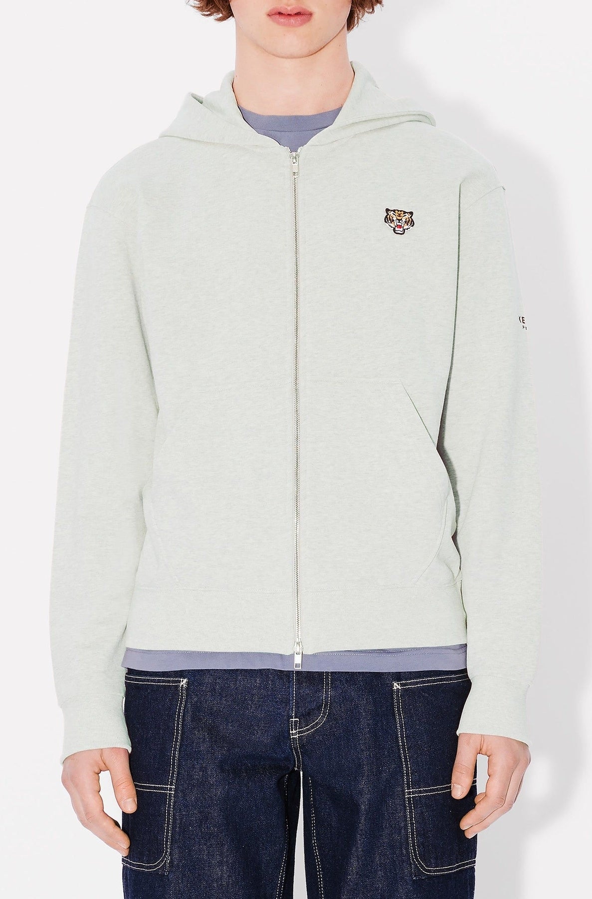 Sweatshirt à capuche zippé brodé Lucky Tiger - Pale Grey