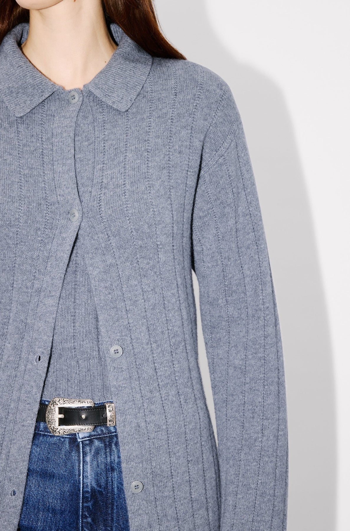 Robe cardigan long côtelé brodé en laine - Middle Grey