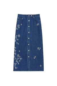 Jupe longue brodée Kenzo Marguerite - Medium Stone Blue Denim