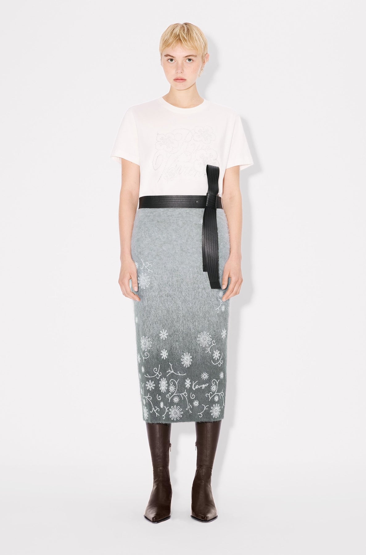 Kenzo Marguerite embroidered skirt in wool - Stone Grey