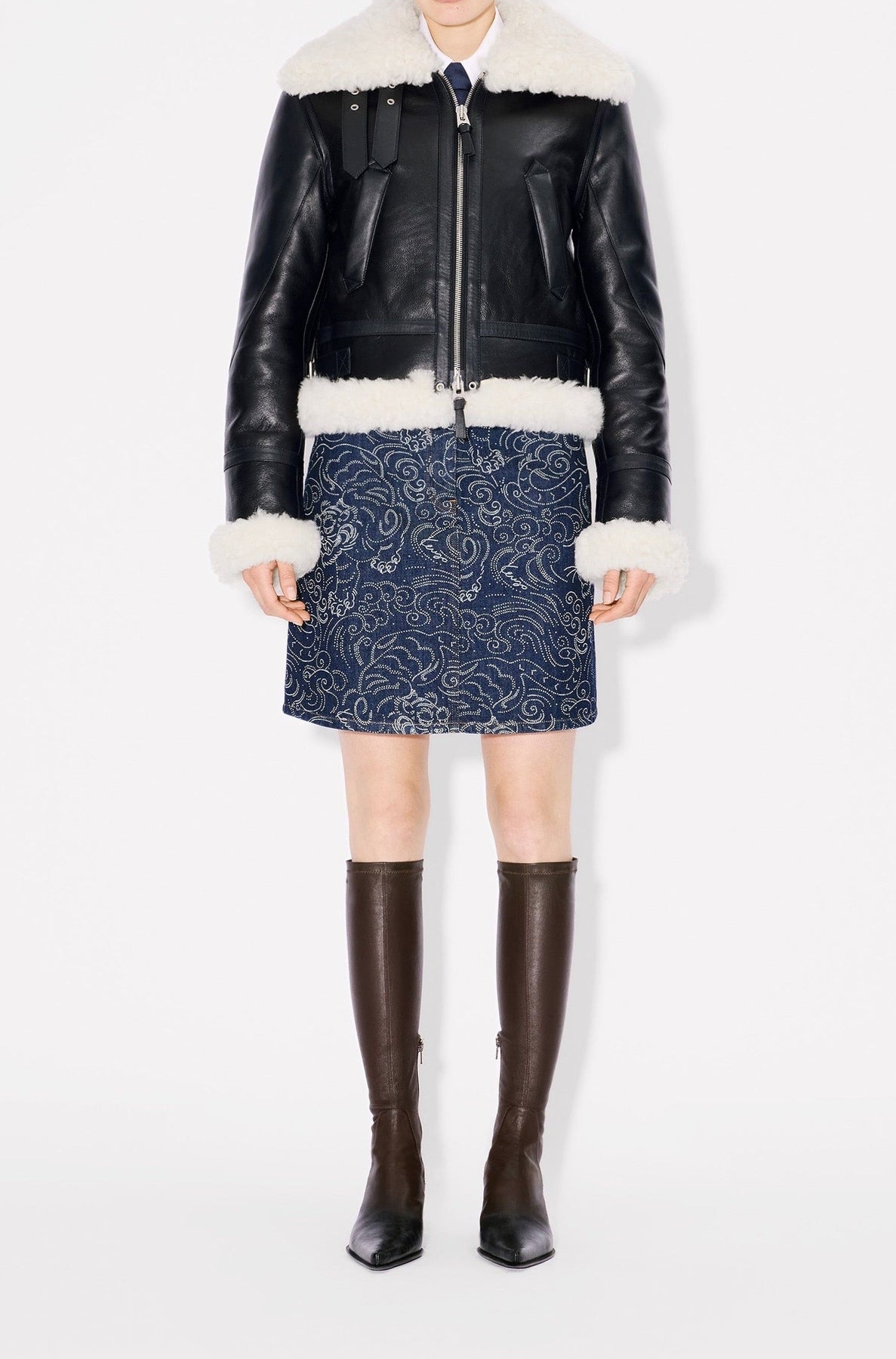 Shearling collar aviator jacket in wool - Black