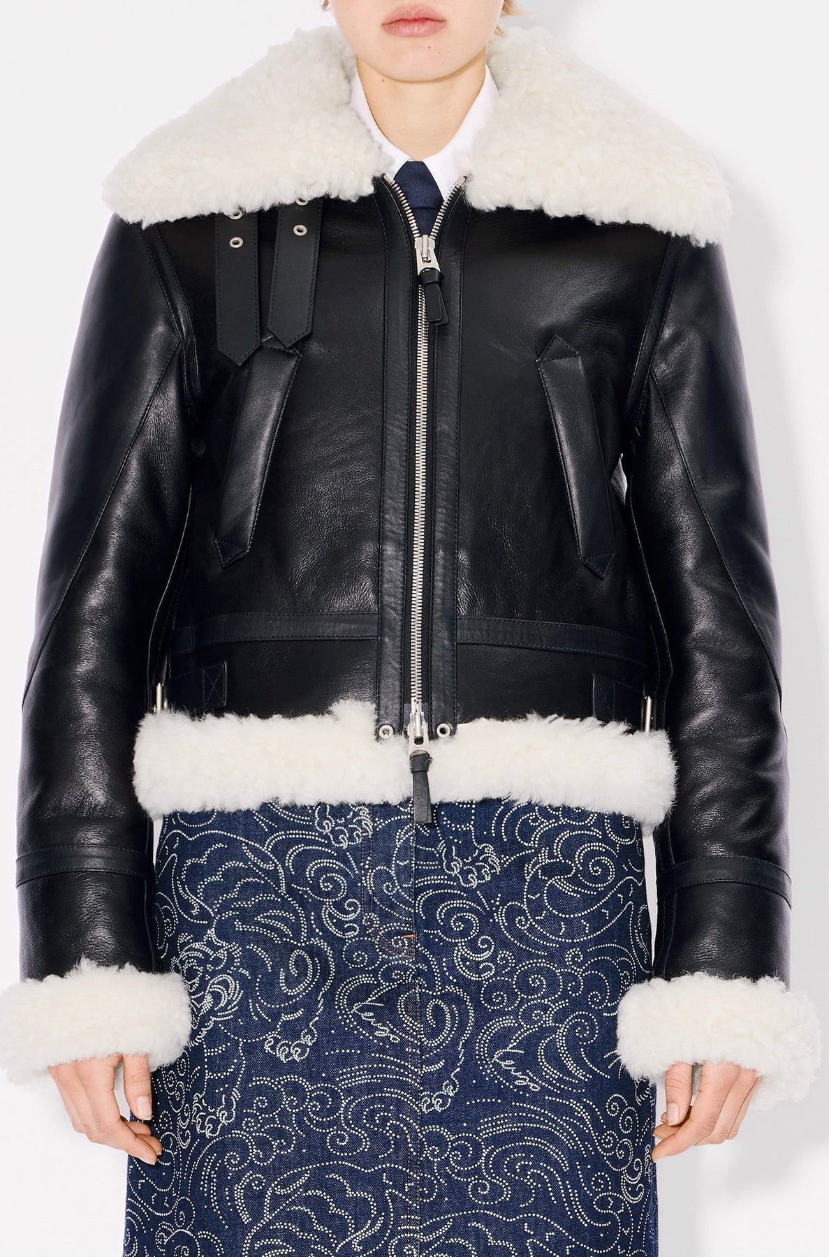 Shearling collar aviator jacket in wool - Black