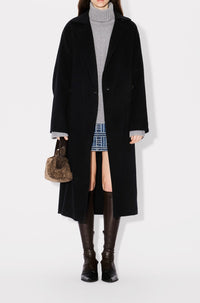 Belted long coat with kimono sleeves in wool - Black